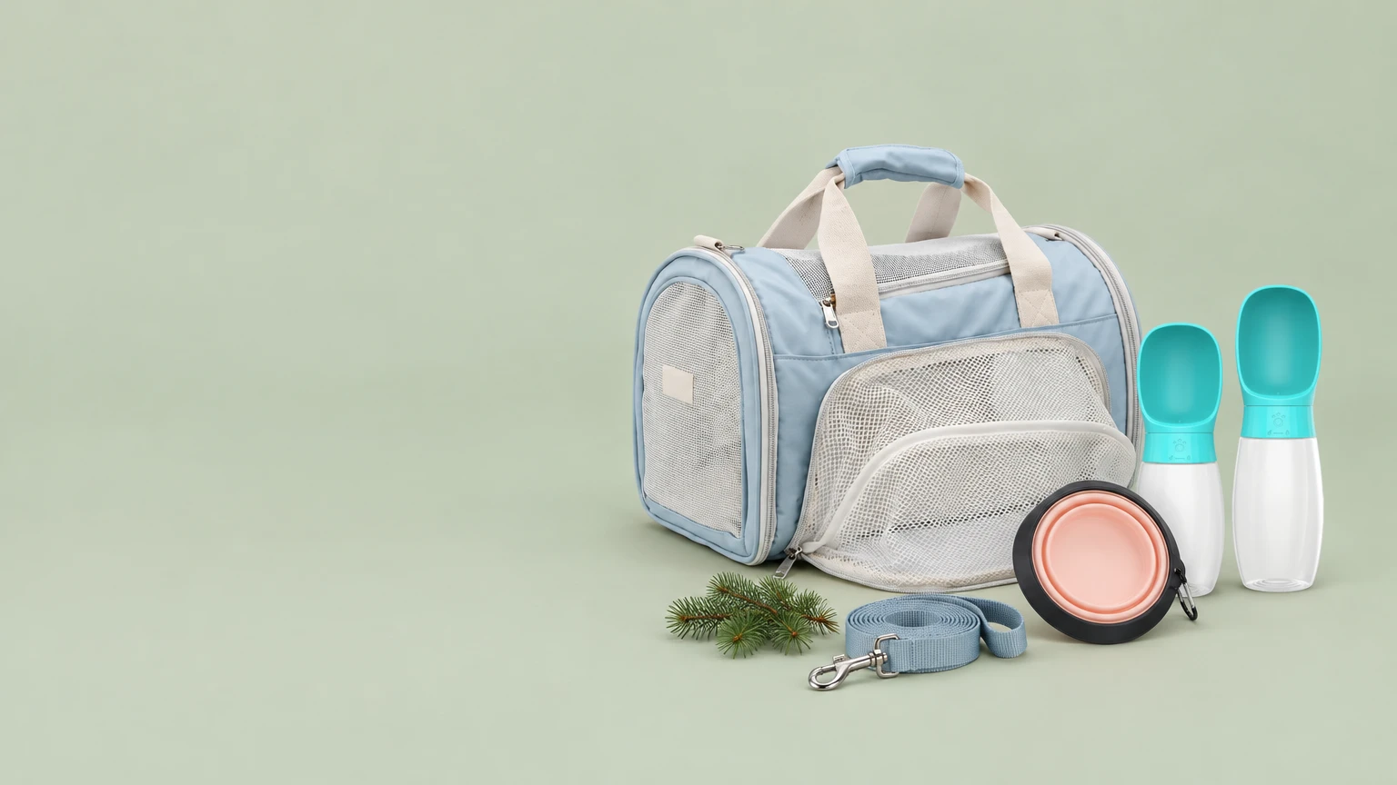 Furtrail cotton carrier, water bottle and collapsible bowl on a sage backdrop