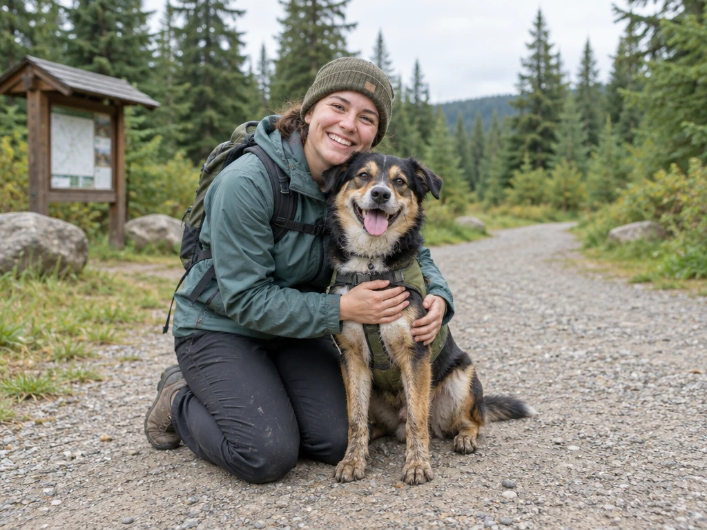 Smiling hiker hugging a happy muddy-pawed dog at a trailhead
